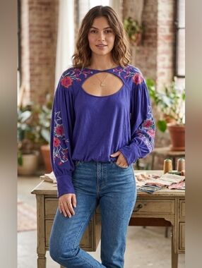 Free People Lita Embroidered Bohemian Cut Out Top Size Large NWT